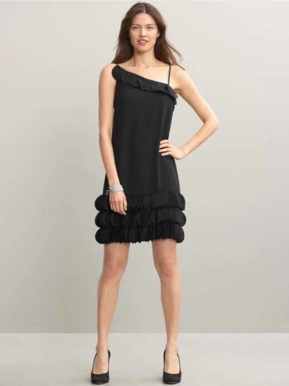 Banana Republic BR Monogram Black Silk One-Shoulder Ruffle Chiffon Dress NWT 4